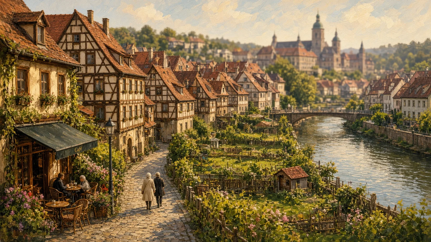 Bamberg: Fachwerkhäuser entlang der Regnitz mit Blick auf die Altstadt