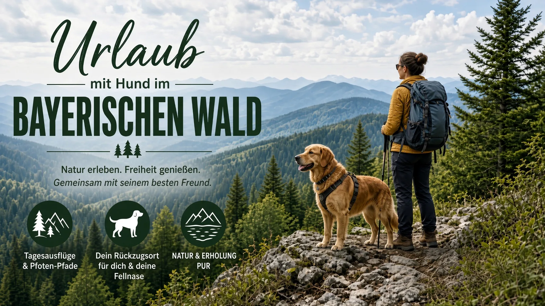 Wanderin mit Hund auf einem Felsen über dem Bayerischen Wald